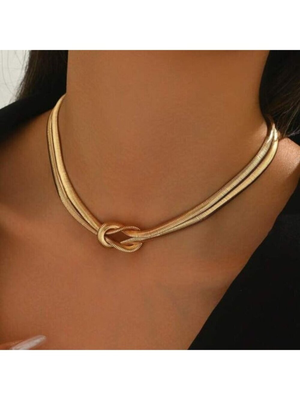 Gold Tone Double Snake Chain Knot Choker Necklace | 15.7" + 2.8"